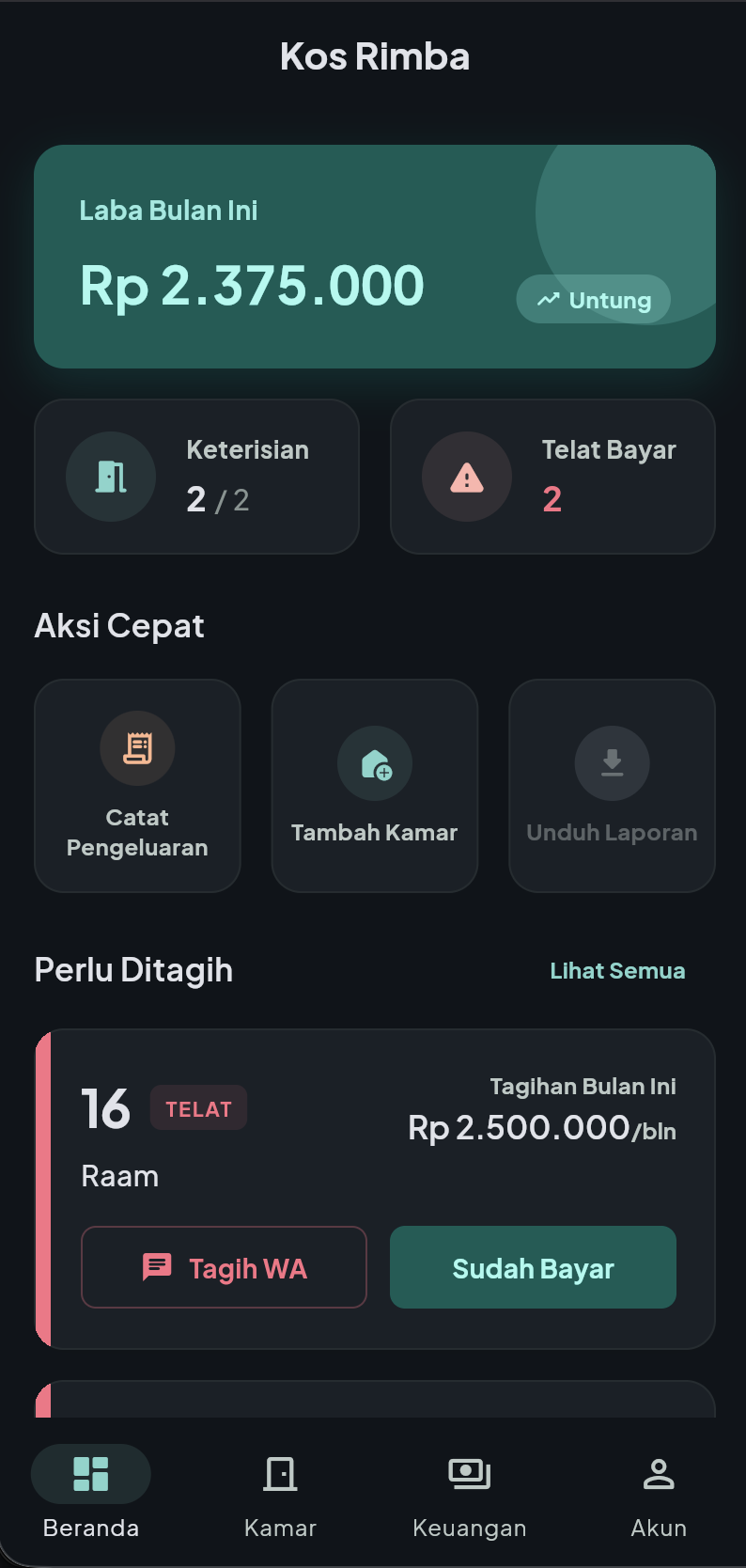 Dashboard AturKos versi mobile